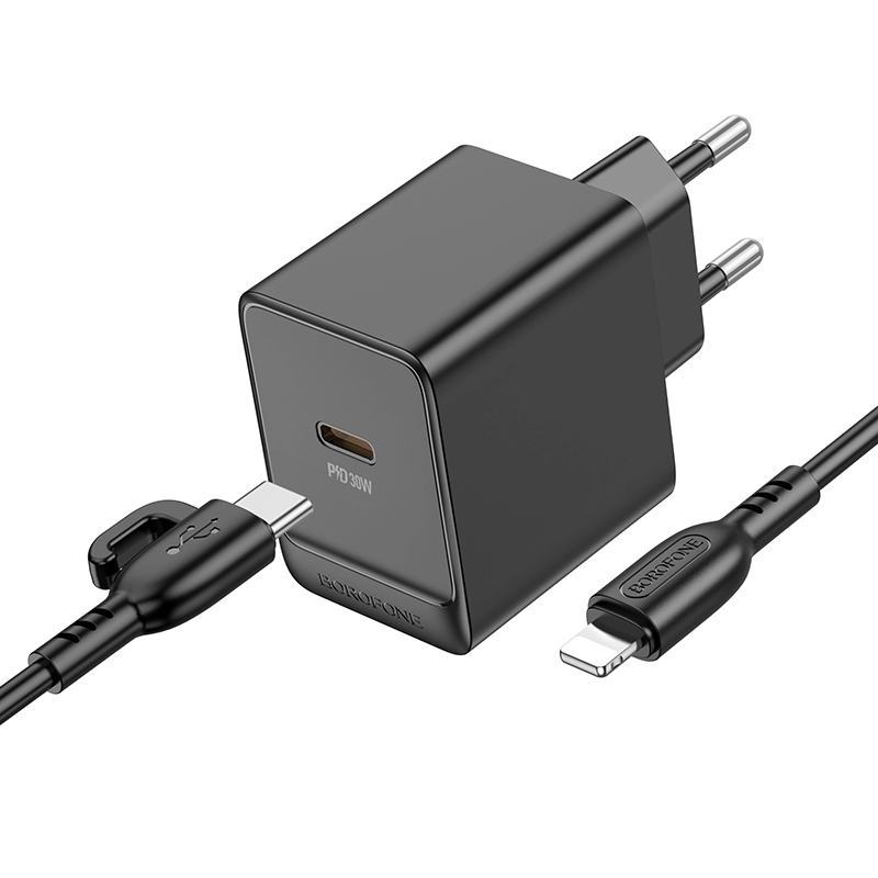 Зарядное   1Type-C, QC3.0+PD30W, 3A + кабель  Type-C на Lightning 1м, BOROFONE BAS15A,  черный